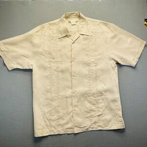 Syllables Men Guayabera Shirt 100% Linen XXL Beige Embroidered Short Sleeve